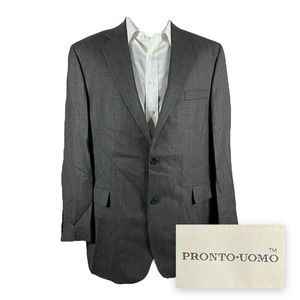 Pronto Uomo Blazer Sport Coat Mens 46L Green Check Silk Wool Two Button